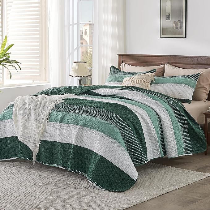 Andency Emerald Green Quilt Cal King, 3 Pieces Patchwork Striped Bedspread - Image 2