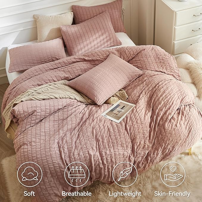 JELLYMONI Smokey Pink Duvet Cover Queen Size, Soft Breathable Seersucker Duvet - Image 2