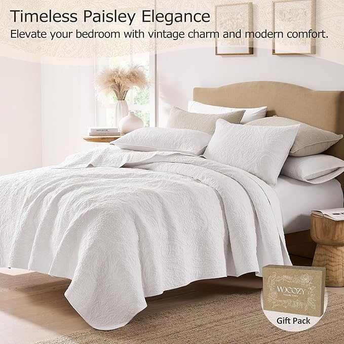 palassio White Paisley 100% Cotton Quilt King Size Bedding Sets - Image 2