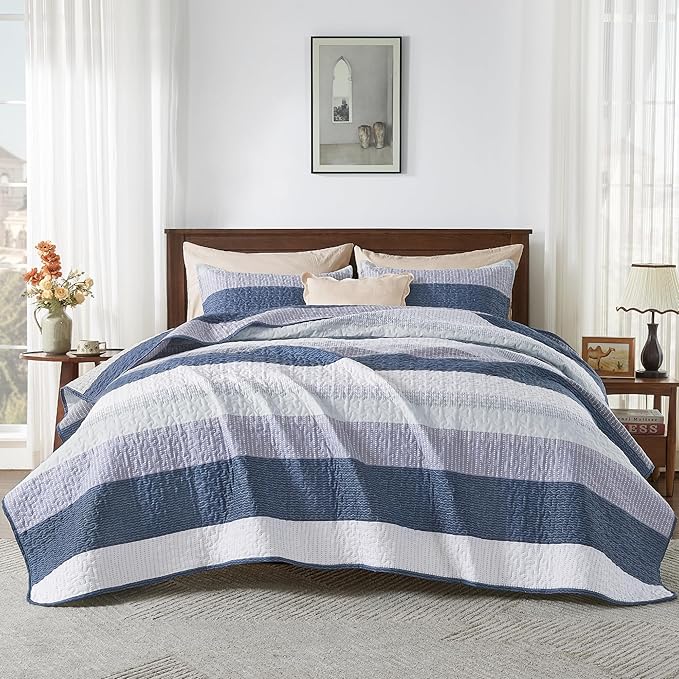 Andency Oversized King Quilt Bedding Set, 120x98Inch Mineral Blue Stripe - Image 7