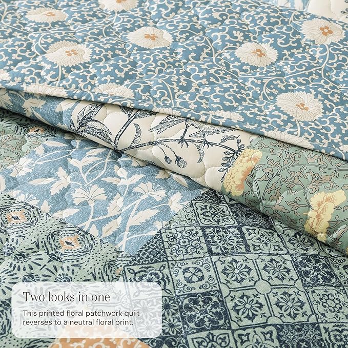 BLOOMHAVEN Quilt Set Queen Size, Patchwork Green Floral Quilt Sets, Reversible - Image 3