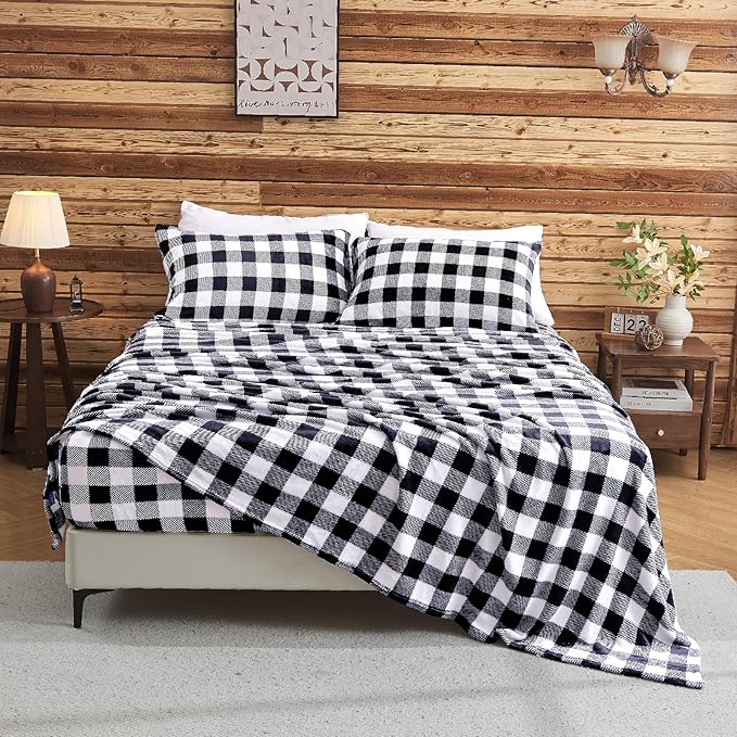 BEDELITE Fleece Sheets Queen Size Bed Set, Luxury Red and Black Plaid Winter - Image 8