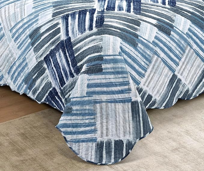 Brilliant Sunshine Blue and Grey Stripe Blocks Patchwork, 2-Piece Quilt Set - Image 4