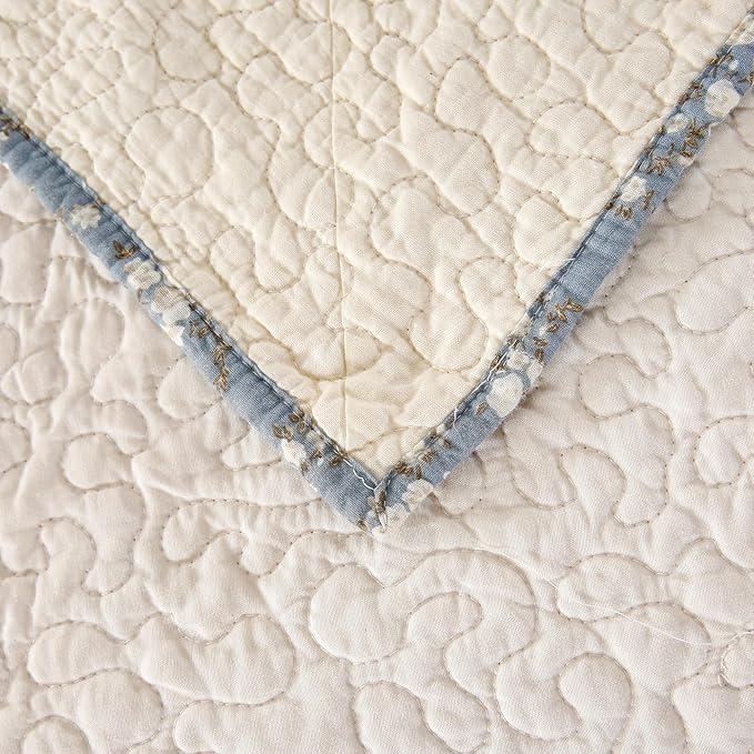 Quilt Set Blue Floral 3D Embroidery Pattern 2 PCS 100% Cotton Reversible - Image 5