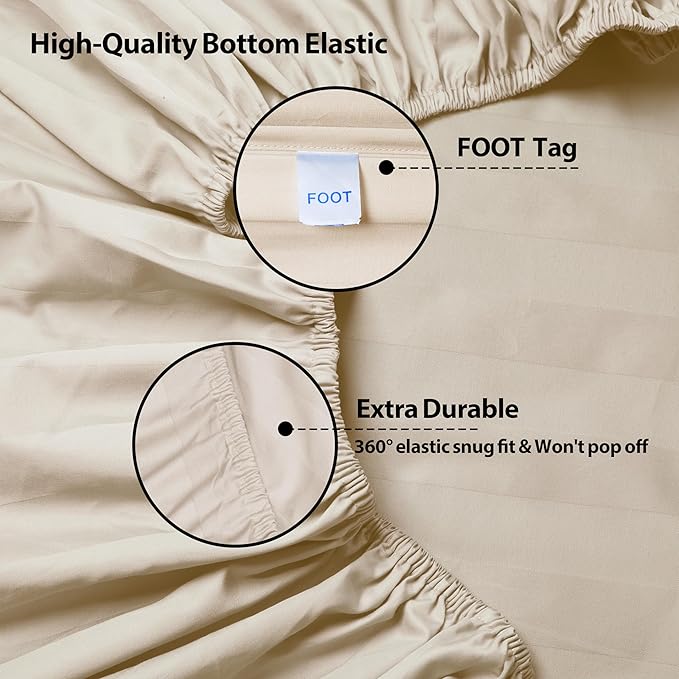 Twin Size Striped Fitted Sheet Only Beige Color, 100% Egyptian Cotton 600 - Image 6