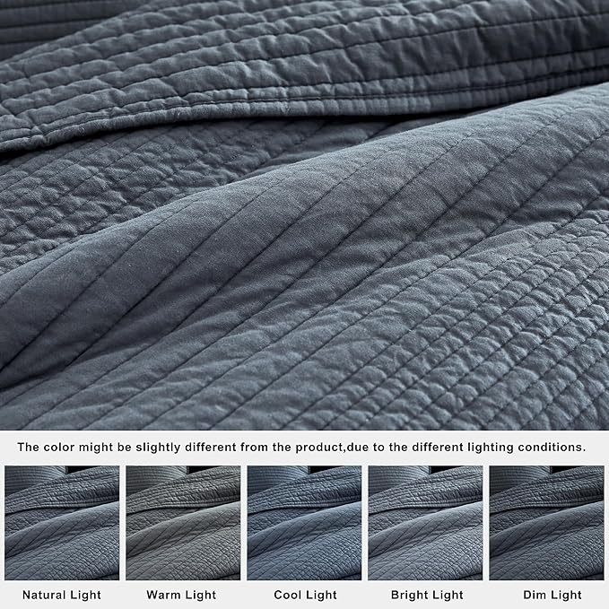 palassio Striped Blue Grey 100% Cotton Quilt Twin Size Bedding Sets, - Image 6