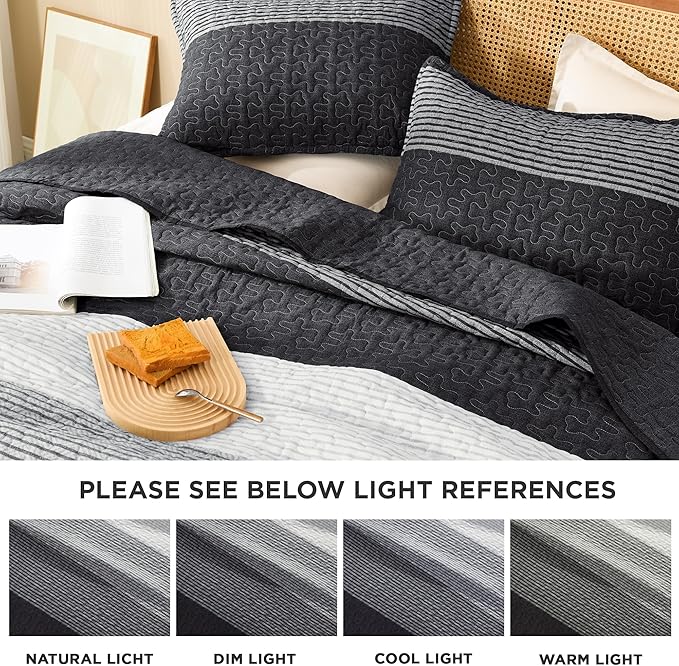Litanika Oversized King Quilt Set Black and White, 120x98 Stripe Bedspread - Image 6