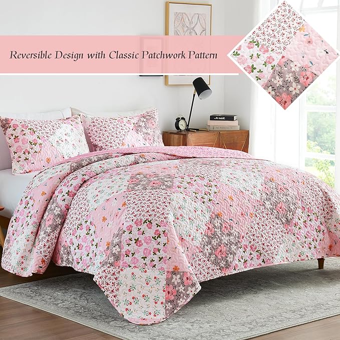 Whale Flotilla Patchwork Quilt Twin Size, Extra Soft Boho Floral Bedspreads - Image 2