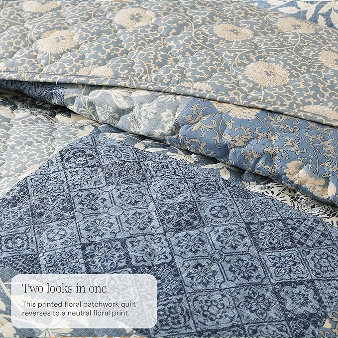 BLOOMHAVEN Quilt Set King Size, Patchwork Blue Floral Quilt Sets, Reversible - Image 3