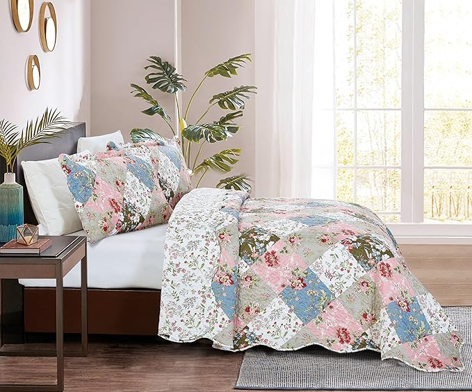Brilliant Sunshine Peach and Olive Flowers Patchwork, 3-Piece Quilt Set - Image 7