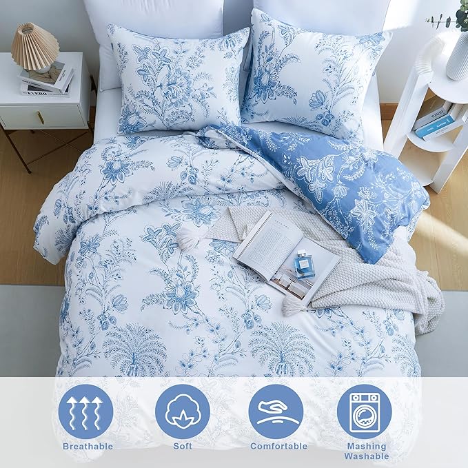 BOLINLIVING Floral Duvet Cover Queen Size 3 Pieces, Flower Duvet Cover - Image 4