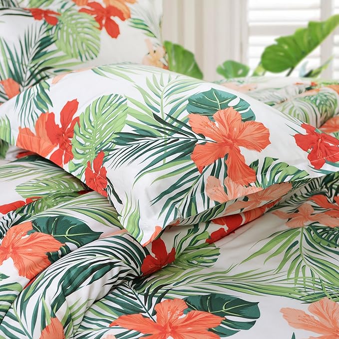 FADFAY Tropical Red Hibiscus Palm Leaves Duvet Cover Set Super Soft Summer - Image 9