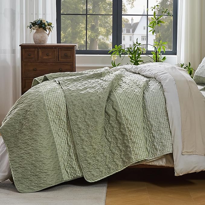 Andency Queen Quilt Bedding Set Weat Green, 3 Pieces Patchwork Summer Striped - Image 2