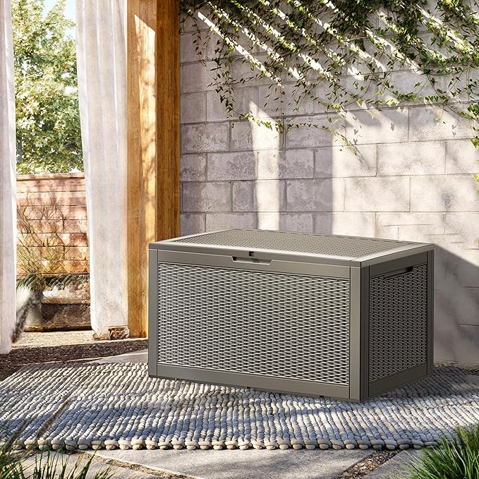 100 Gallon Resin Deck Box, Waterproof Outdoor Storage Bin for Patio Furniture, Pool Accessories, and Garden Tools, Lockable & UV-Resistant, Grey-DeskoryOffice