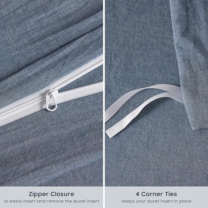 Wake In Cloud - Cotton Duvet Cover Set, Full Size, Chambray Denim Blue - Image 7
