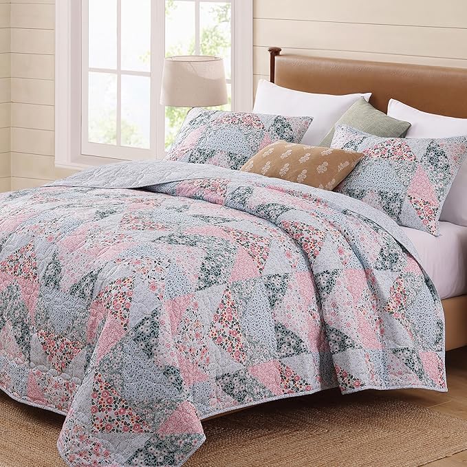 BLOOMHAVEN Quilt Set Twin Size, Patchwork Pink Floral Quilt Sets, Reversible - Image 7