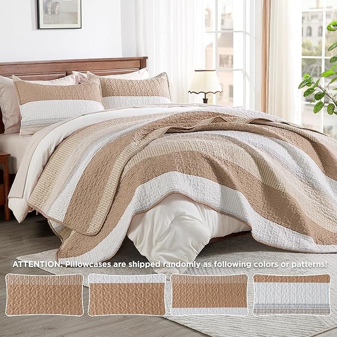Andency Taupe Striped Quilt Set Cal King, 3 Pieces Patchwork Bedspread Coverlet - Image 4