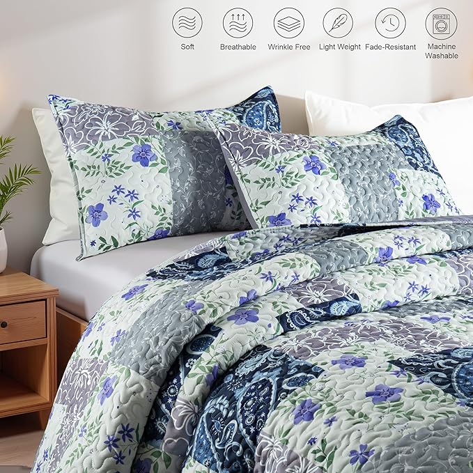 Whale Flotilla Patchwork Quilt King Size, Soft Boho Floral Bedspreads - Image 3