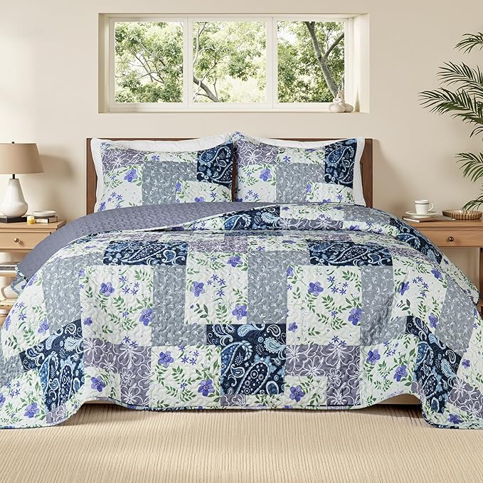 Whale Flotilla Patchwork Quilt King Size, Soft Boho Floral Bedspreads by WHALEFLOTILLA