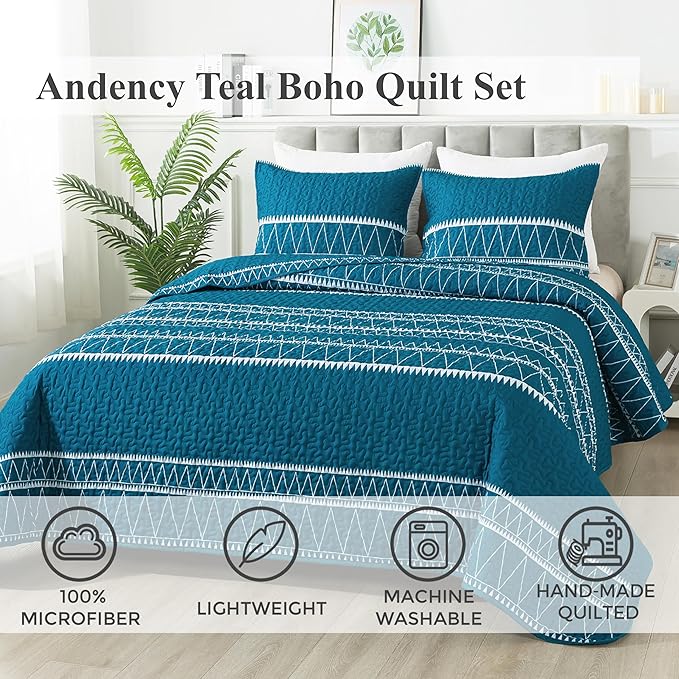Andency Teal Twin Quilt Set, 2 Pieces Boho Lightweight Soft Striped Bedspread - Image 2