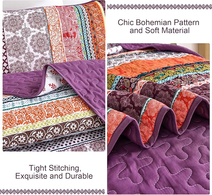 WONGS BEDDING Boho Quilt Set Queen Size, Lightweight Soft Microfiber Bedding Set - Image 5