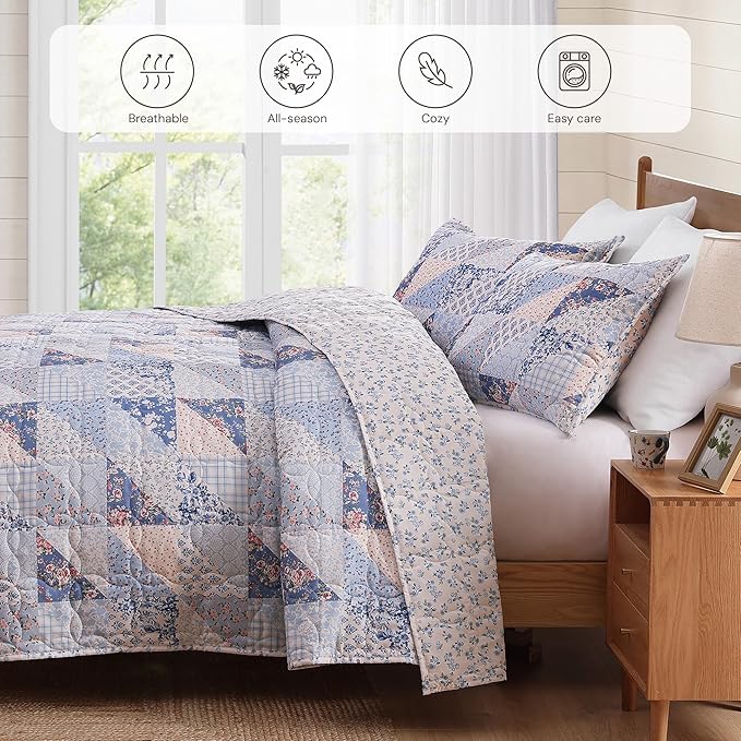 BLOOMHAVEN Quilt Set Twin Size, Patchwork Blue Pink Marigold Floral Quilt Sets - Image 4