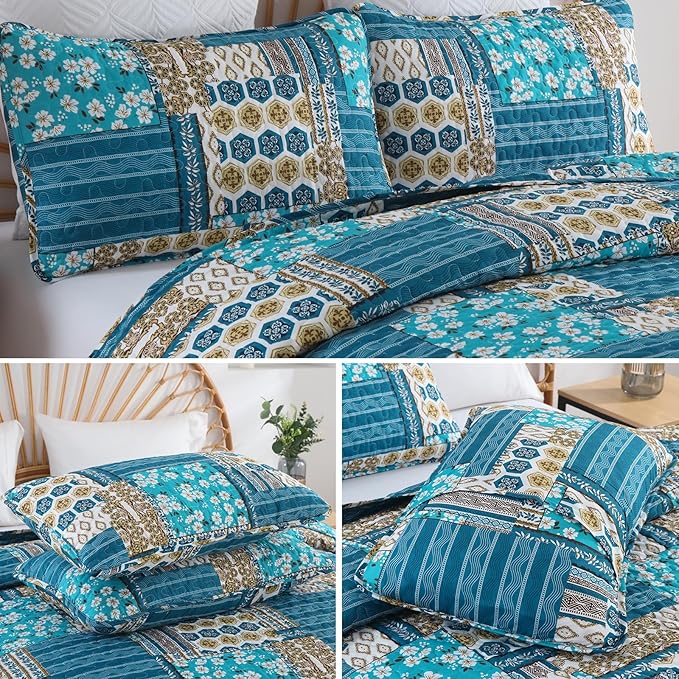 Mybedsoul Dusty Blue Quilt Set Queen Size, 3 Pieces Plaid Floral Bedspread Set - Image 5