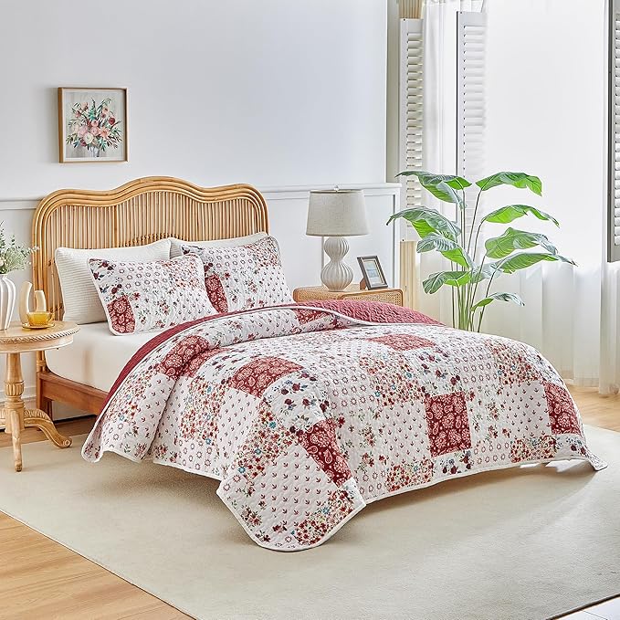 Joyreap 3 Pieces Floral Patchwork Quilt Set Twin, Burgundy Red n White Flowers - Image 2