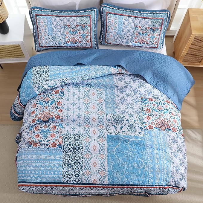 WONGS BEDDING Blue Quilt Set Queen Size, Bohemian Patchwork Bedspread Coverlet - Image 4