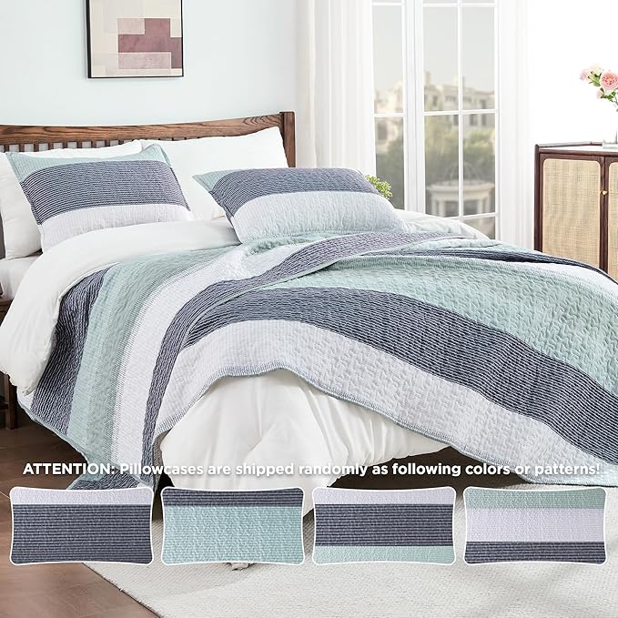 Andency Oversized King Quilt Set Sage Green, 128x120 Stripe Bedspread Coverlet - Image 4