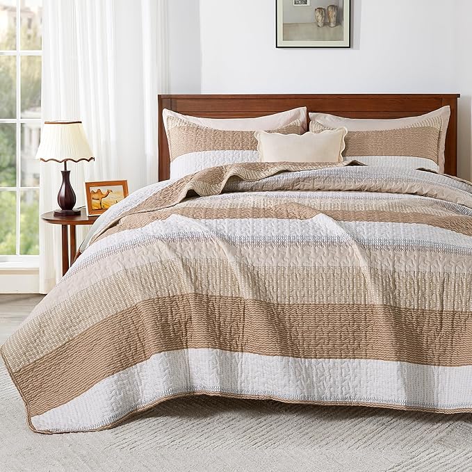 Andency Taupe Striped Quilt Set Cal King, 3 Pieces Patchwork Bedspread Coverlet by Andency