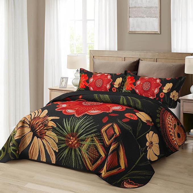 Tyrot 3 Piece Black Red Boho Floral Quilt Sets Full/Queen Farmhouse Reversible - Image 2