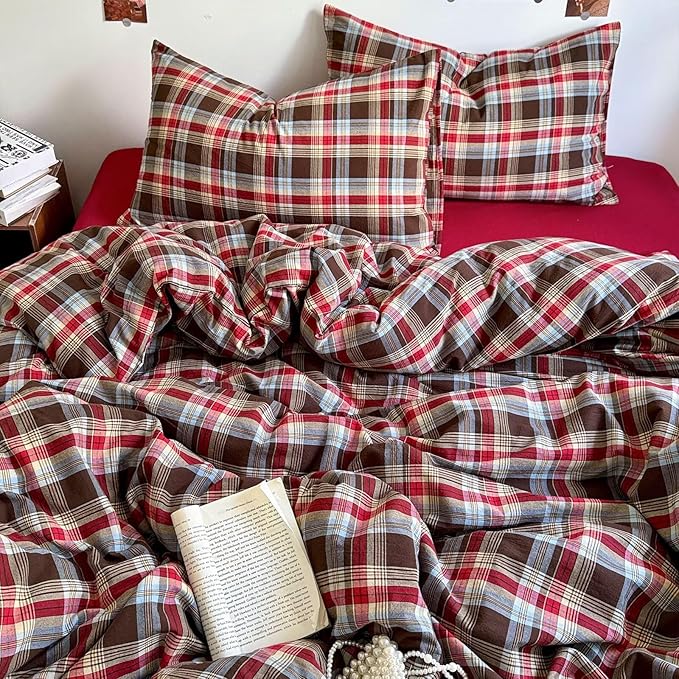 mixinni Vintage Red & Brown Buffalo Plaid Duvet Cover Set Twin Size - Image 9