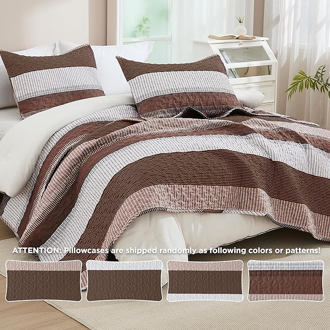 Andency Queen Quilt Bedding Set Brown, 3 Pieces Patchwork Coffee Striped Ultra - Image 4