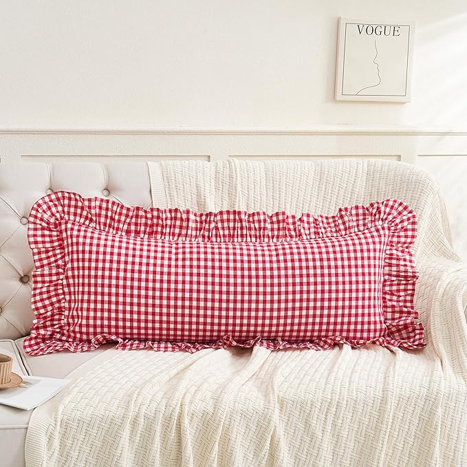 14x36 inches Red/White Plaid Ruffle Lumbar Gingham Pillow Sham 1 Piece - Image 4