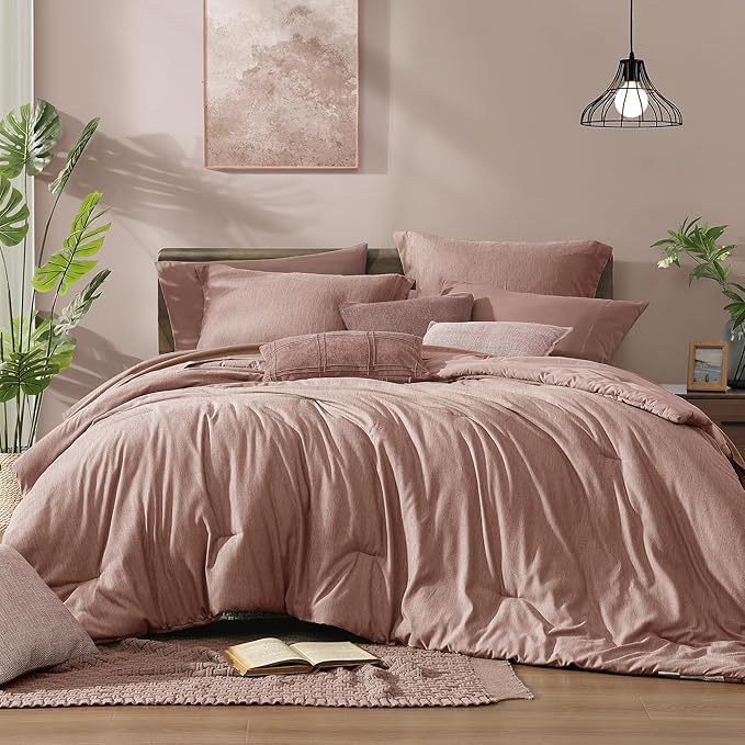 Monbix Full Size Comforter Set-7 Pieces Dusty Pink Cationic Dyeing Bed in a Bag by Monbix