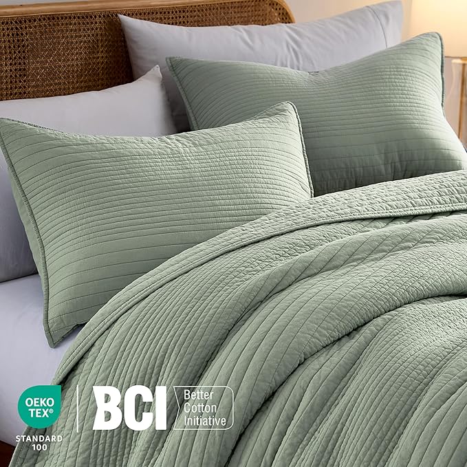 palassio Striped Sage Green 100% Cotton Quilt Twin Size Bedding Sets, - Image 3