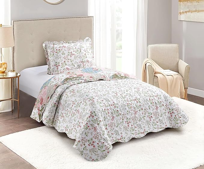 Brilliant Sunshine Peach and Olive Flowers Patchwork, 2-Piece Quilt Set - Image 2