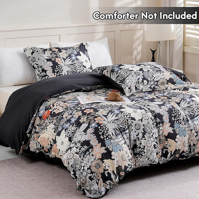 LONAVA Queen Flower 3 Pcs Duvet Cover Set, Breathable Soft Microfiber Black - Image 2