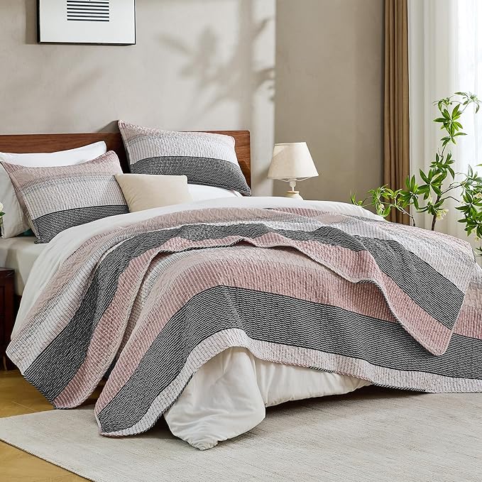 Andency California King Quilt Set Grey Pink, 3 Pieces Ultra Soft Lightweight - Image 3