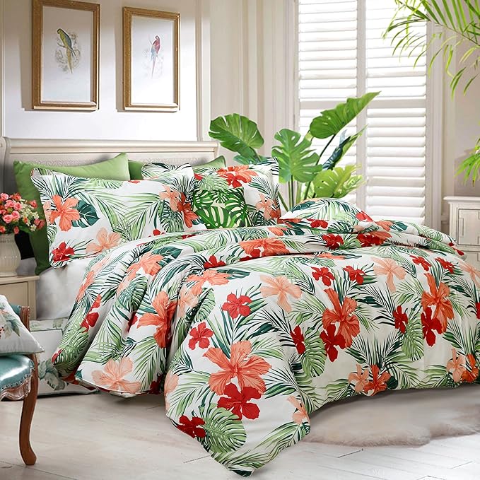 FADFAY Green Duvet Cover 100% Cotton Tropical Bedding Red Hibiscus Flower & - Image 2