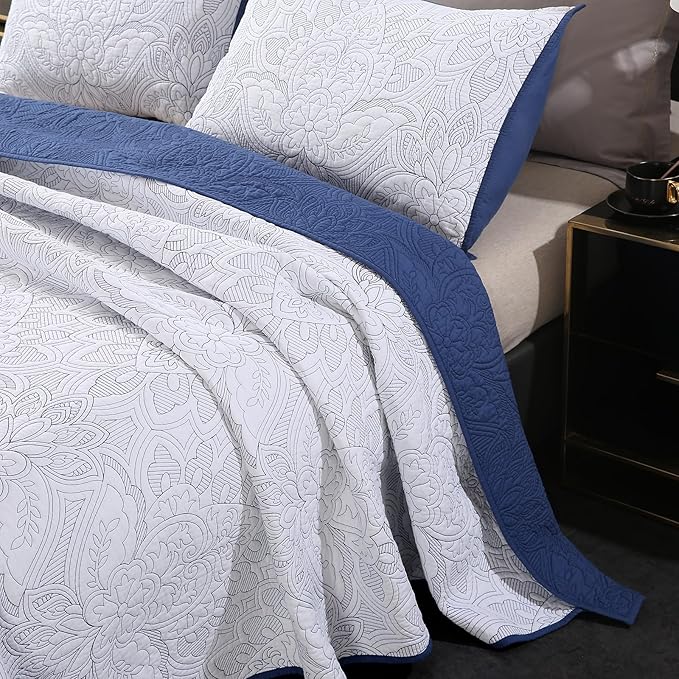ROOMLIFE Quilt Set King Size 3D Floral Campanula Embroidery Pattern 3-Piece - Image 3