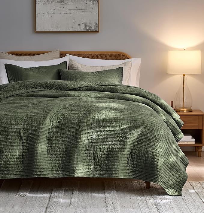 palassio Striped Olive Green 100% Cotton Quilt Twin Size Bedding Sets, by PALASSIO