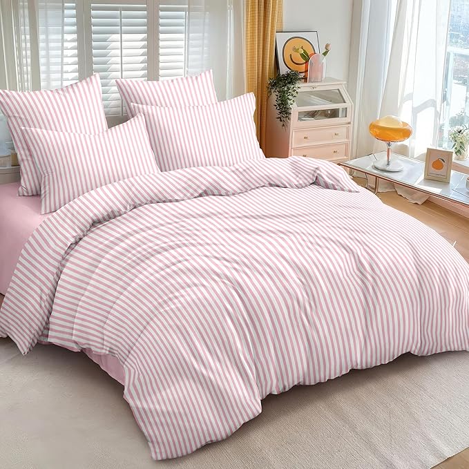 Nayoroom Pink Striped Duvet Cover Queen Size White Stripe Duvet Cover Dorm - Image 2