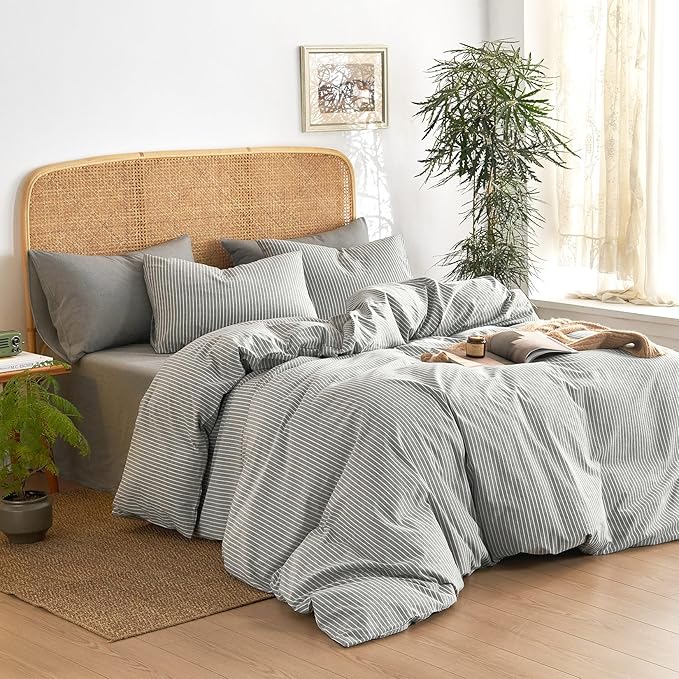 Wake In Cloud - Striped Cotton Duvet Cover Set, 100% Washed Cotton Textured - Image 3