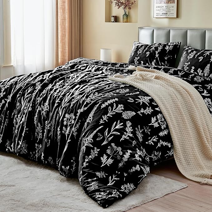 MUXHOMO Duvet Cover Queen Size, Reversible Floral Black Duvet Cover Set - Image 4