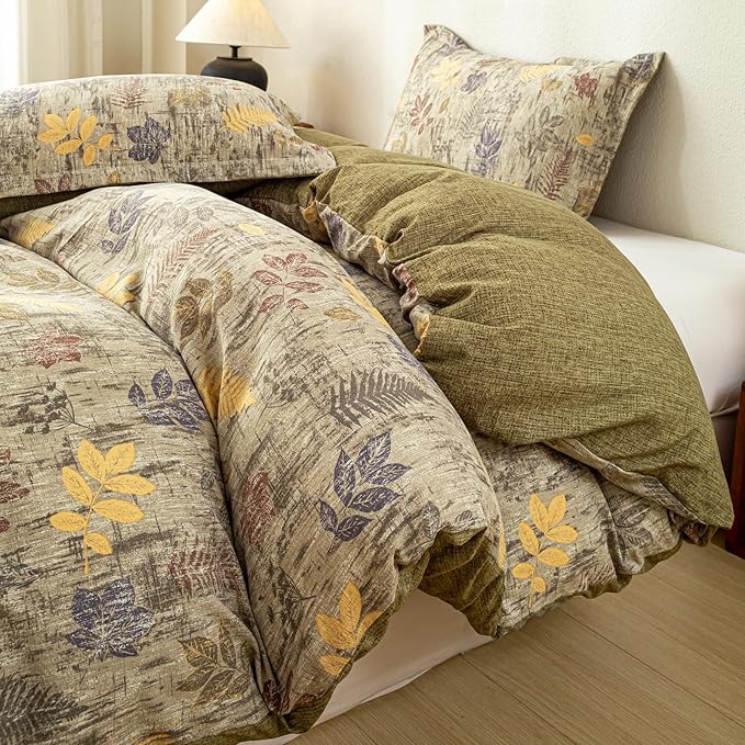 OAITE Green Leaves Queen Size Duvet Cover-3 Pieces Prewashed Cotton-Like - Image 3