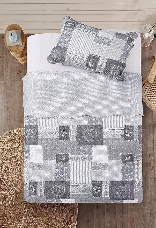 Brilliant Sunshine Grey Heart Love, Floral and Lace Patchwork, 2-Piece Quilt Set - Image 4