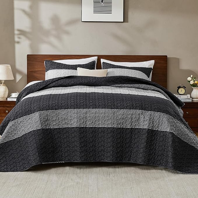 Andency Oversized King Quilt Set Black White, 120x120 Stripe Super King - Image 3