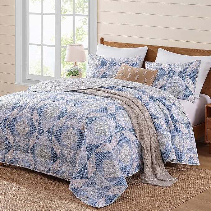 BLOOMHAVEN Quilt Set Queen Size, Patchwork Blue Marigold Floral Quilt Sets - Image 7